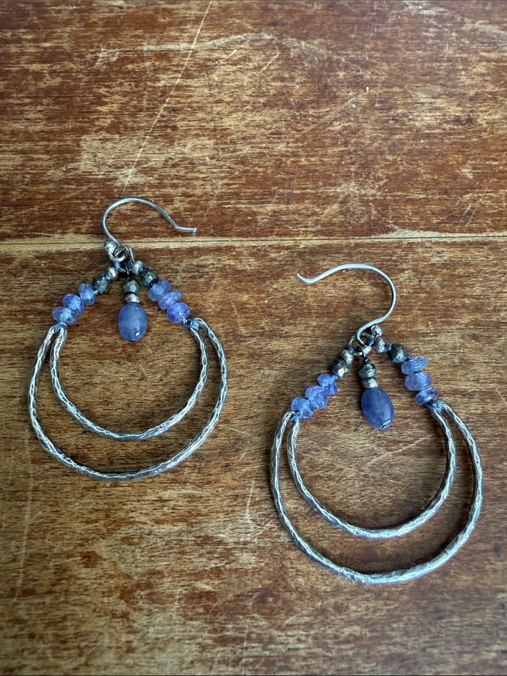 Handcrafted Sterling Silver Hoop Earrings with Purple/ Blue Beads